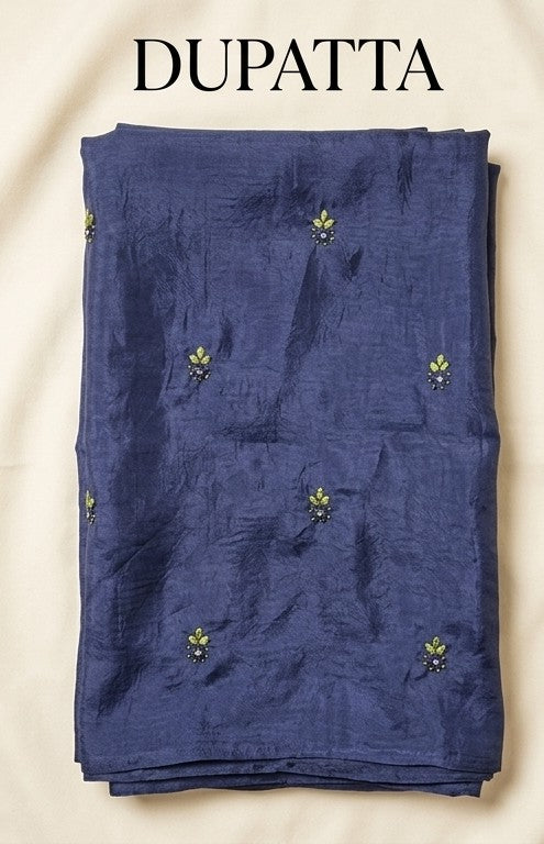 Kataan Silk 3-Piece Embroidered Unstitched Suit-- Navy Blue – Shirt, Trouser & Medium Silk Dupatta