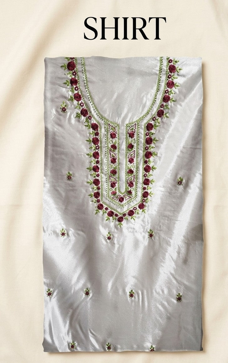 Kataan Silk 3-Piece Embroidered Unstitched Suit - Steel Grey – Shirt, Trouser & Medium Silk Dupatta