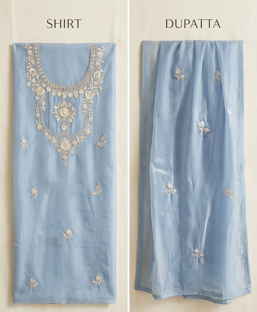Embroidered Sheesha Silk Unstitched Dress 4 piece – Ice Blue Color | AYM Studio
