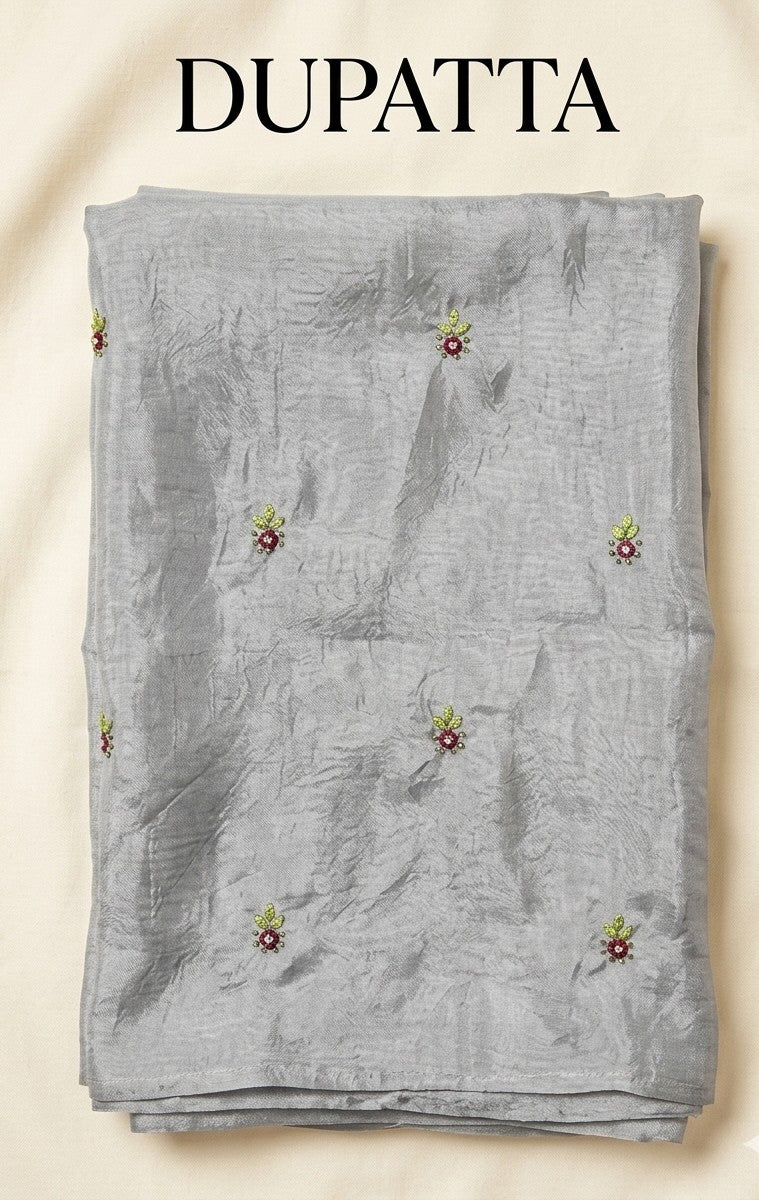 Kataan Silk 3-Piece Embroidered Unstitched Suit - Steel Grey – Shirt, Trouser & Medium Silk Dupatta