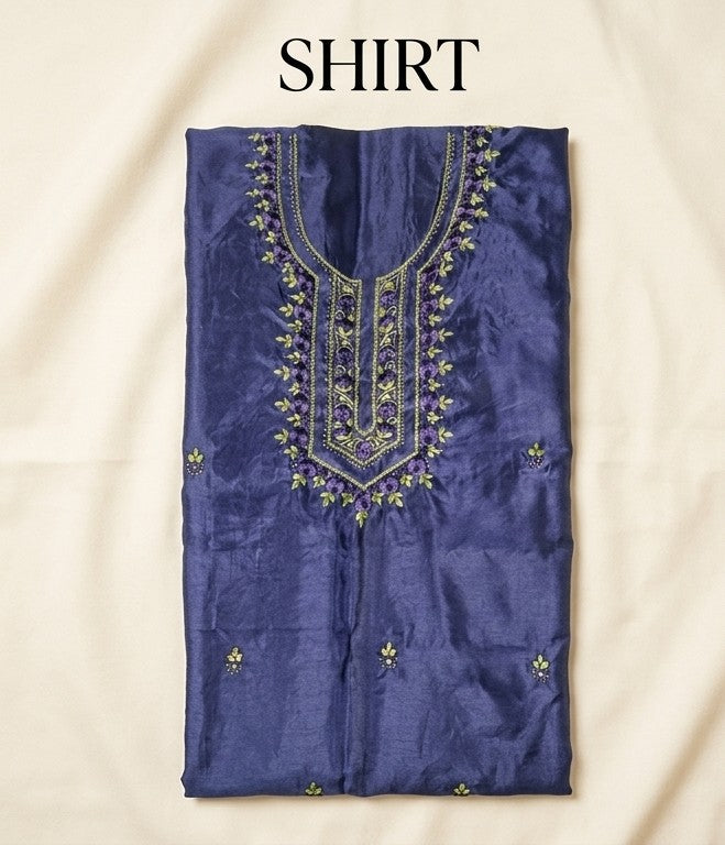Kataan Silk 3-Piece Embroidered Unstitched Suit-- Navy Blue – Shirt, Trouser & Medium Silk Dupatta